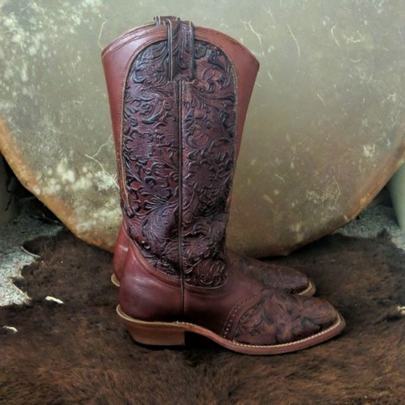 BOULET #2069 hand tooled brown leather square toe cowgirl western boots sz 7 EUC - Picture 6 of 16